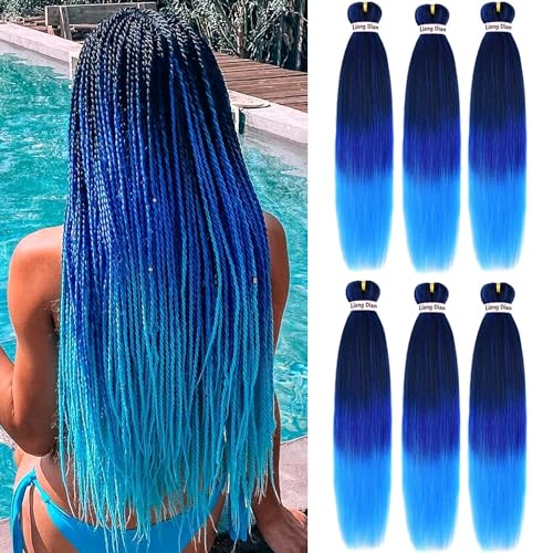 Pre-Stretched Braiding Hair 36 Inch 6 Pack Mixed Black Blue Light Blue Easy Hot Water Styling