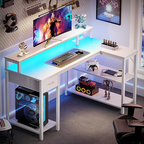 Reversible L-Shaped Gaming & Office Desk with LED Lights, Monitor Stand & Storage
