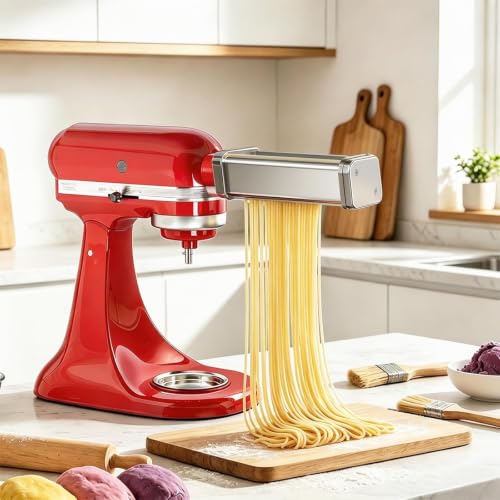 NEWSETS 3-Piece Pasta Maker Attachments for KitchenAid Stand Mixers - Stainless Steel, Adjustable Thickness, Fettuccine & Spaghetti Cutter, Variation 3