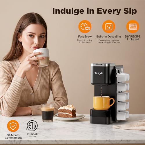 Tastyle Black Hot & Iced Coffee Maker with Magnetic K-Pod Holder - Compact, Fast Brewing, Fits 7.3" Mug