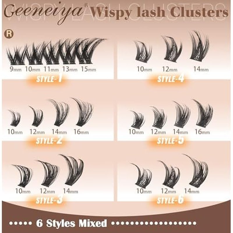 Geeneiya Wispy Lash Clusters 6 Styles Eyelash Clusters Natural Cluster Eyelash Extensions D Curl Individual Lashes 9-16mm DIY Lash Extension for Beginners(Wispy/Manga/Cat Eye/Natural/Spiky/Cross)