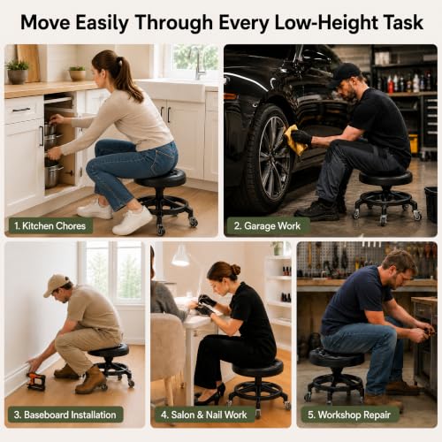 Heavy Duty Low Rolling Stool with Quiet Rubber Wheels - Supports 600 lb, Garage & Salon Use