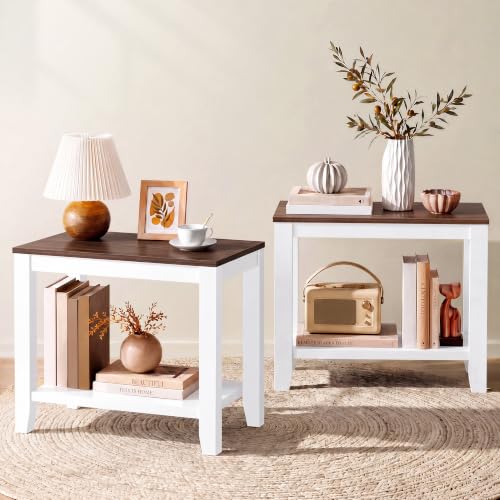 Hoctieon 2-Tier Wooden End Table Set of 2 White + Walnut Compact Nightstands for Small Spaces