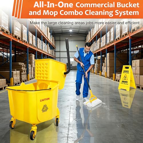 35 Qt Commercial Mop Bucket with Side-Press Wringer on Wheels & Wet Floor Sign