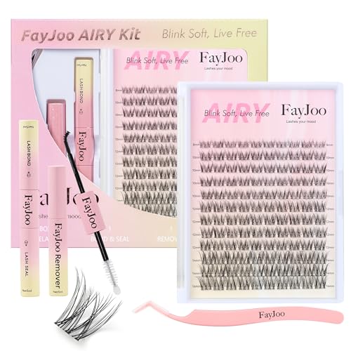 Natural Wispy Lash Clusters Kit, C Curl Soft Individual Lashes 8-16mm, DIY Eyelash Extensions with 0.05mm Thin Invisible Band, DIY Salon Kit with Bond Seal Remover Tweezer, FayJoo AIRY 12 Kit
