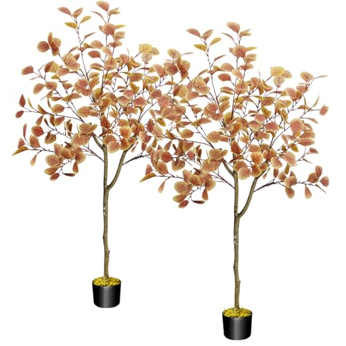 HUAESIN 5FT Fall Eucalyptus Artificial Trees - 2pcs Autumn Porch Decor, Orange