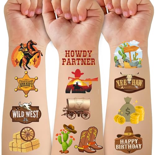 Cowboy Temporary Tattoos- 50PCS Western Cowboy Party Favors Themed Birthdays Party Supplies Decorations Western Baby Shower Decor Cool Wild Western Rodeo Pattern Girls Boys Gifts