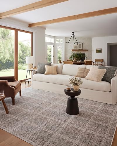 Loloi Ember Rose Area Rug - Fog / Dove / 5'3" x 7'6" Flatweave Neutral Plaid