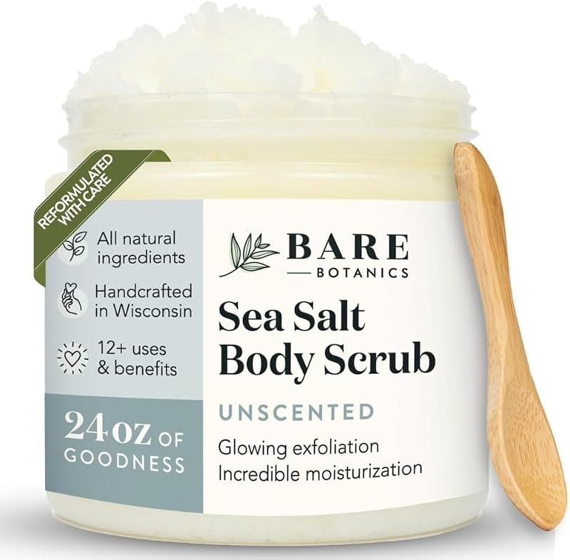 Unscented Sea Salt Body Scrub - Natural Exfoliator & Moisturizer, 24oz