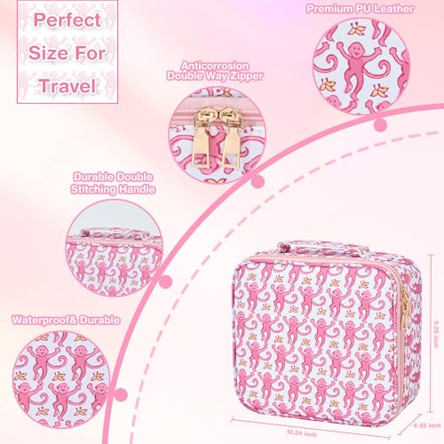 Travel Makeup Bag Organizer with LED Mirror, Portable Monkey Cosmetic Train Case with Adjustable Dividers, Brush Storage Board for Women Christmas Thanksgiving Valentine Birthday Gift (Pink)