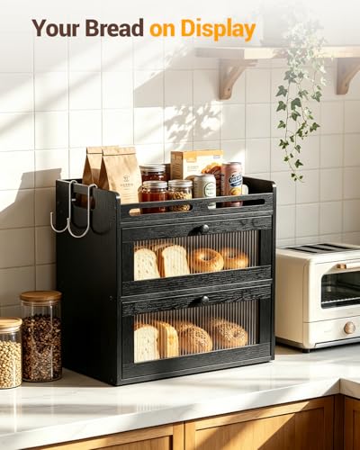 Black 2-Tier Bamboo Bread Box for Kitchen Countertop with Clear Doors
