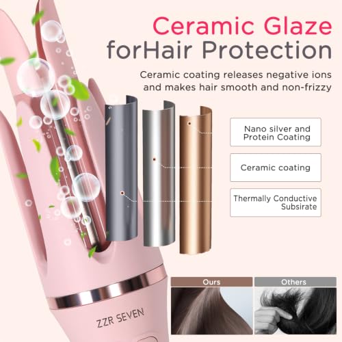 ZZR SEVEN Pink 166 Automatic Curling Iron with Tourmaline Ceramic Coating - Easy 2-Way Rotation for Long-Lasting Beach Waves