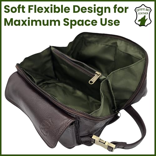 Coyote Bay Leather Travel Makeup Bag - Small Brown Full Grain Leather Organizer with Pockets