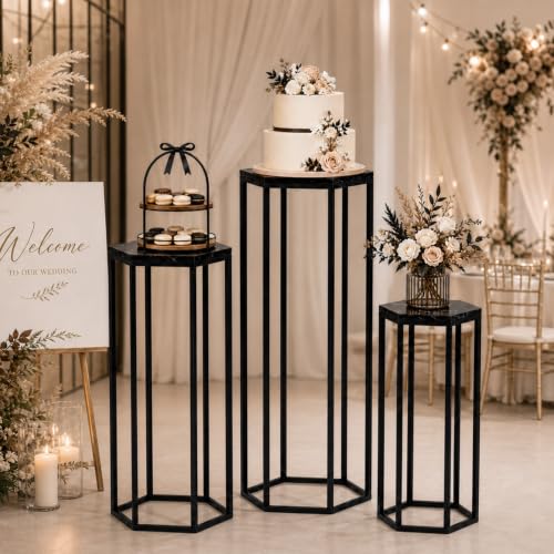 Black Hexagon Metal & Wooden Marble-Pattern Party Stand Set of 3 - Urban Deco