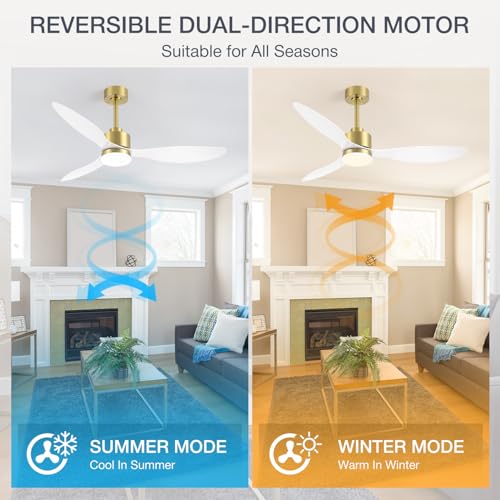 Breezary 52-Inch Gold & White Ceiling Fan with Lights and Remote, Reversible Blades, Quiet DC Motor for Large Rooms