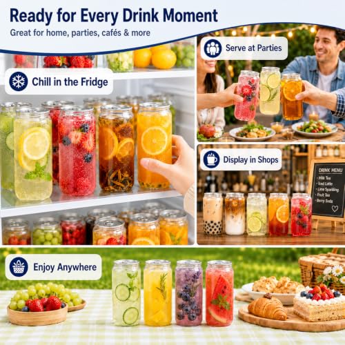 11.2 oz Plastic Can Cups with Lids - 100 Pack, Clear PET Beverage Containers