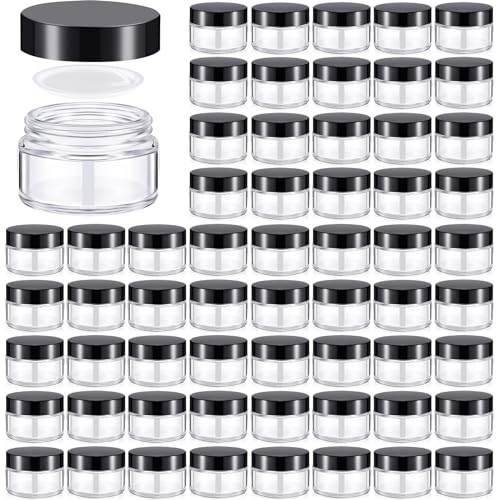 Domensi 100 Pcs 1 oz Glass Jars with Lids Bulk Round Glass Cosmetic Jars for DIY Lip Balm Small Travel Containers with Inner Liner for Lotions Powders Ointments Sample Cream(Clear, Black)