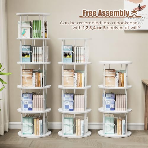 Round 5-Tier Rotating Bookshelf - White Tall Corner Spinning Bookcase