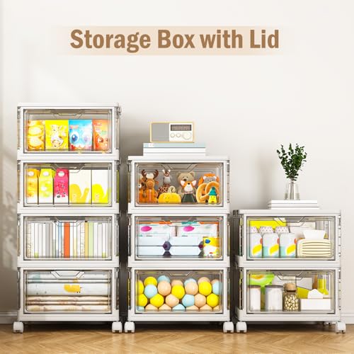 White 4 Pack Stackable Storage Bins with Lids - 32QT Plastic Organizers