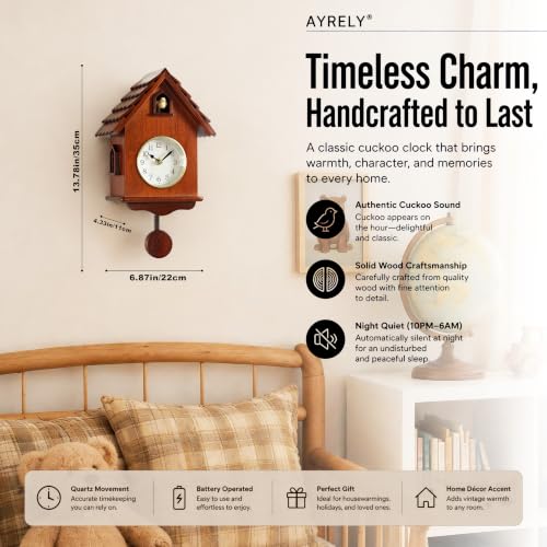Modern Wall Cuckoo Clock with Wooden Pendulum and Night Silence - 14 Inch