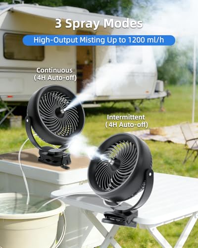 Black Portable Misting Fan with Clip 20000mAh Battery for Golf, Camping