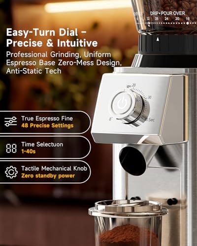Silver Coffee Grinder with Conical Burr - 48 Grind Settings for Espresso to French Press