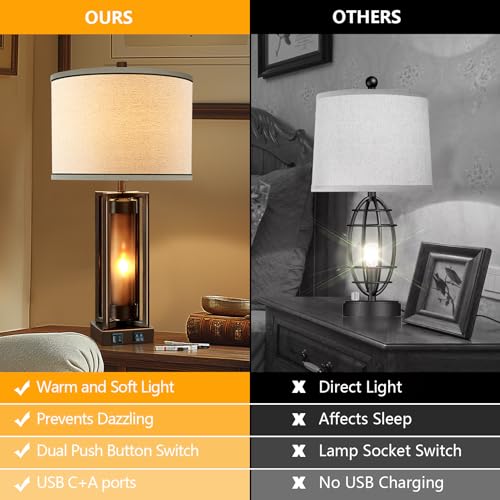 Farmhouse Table Lamps Set of 2 with USB C+A Ports - Brown