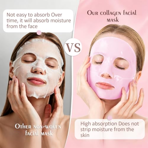 10 Pack Collagen Face Masks with Rose Water & Hyaluronic Acid for Hydration & Radiance