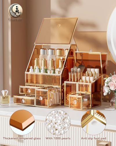 CoralHouse Amber Glass Makeup Organizer Set with Brush Holder & Storage
