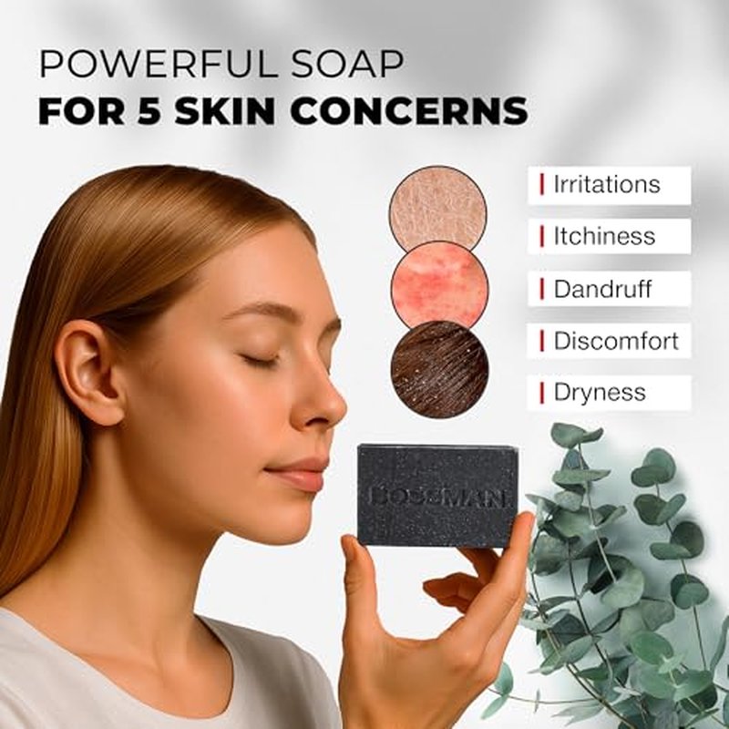 Bossman 4-in-1 Charcoal Soap Bar (4 oz) ? Bar Soap for Men ? All-Natural Beard Wash, Shampoo, Body Wash & Shaving Solution ? Lavender & Patchouli Scent