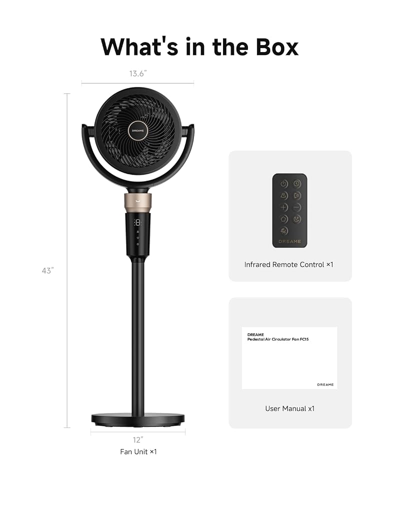 Pedestal Floor Fan FC15 by Dreame - Tower/Desk Oscillating Air Circulator, Black