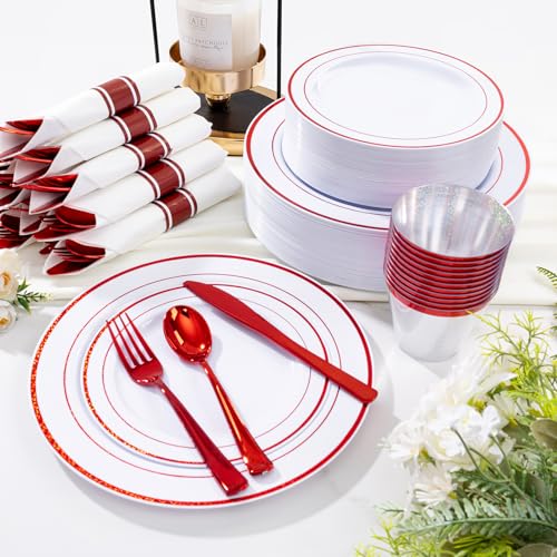 WELLIFE 700-Piece Red Disposable Tableware Set for 100 Guests - Plates, Cups, Cutlery