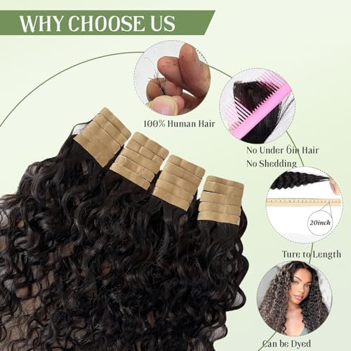Black Water Wave Human Hair Extensions Tape Ins 18 Inch Seamless Curly 50g