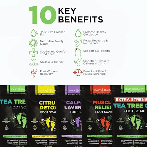 DAILY REMEDY Foot Soak Salts- Variety Pack of 4- Tea Tree Oil, Muscle Relief, Calming Lavender & Citrus Soak- For Foot Pain, Soreness, Athlete¡¯s Foot, Odors, Calluses-Made In USA | Tea Tree Oil, Calming Lavender, Citrus Soak, For Foot Pain, Made In USA