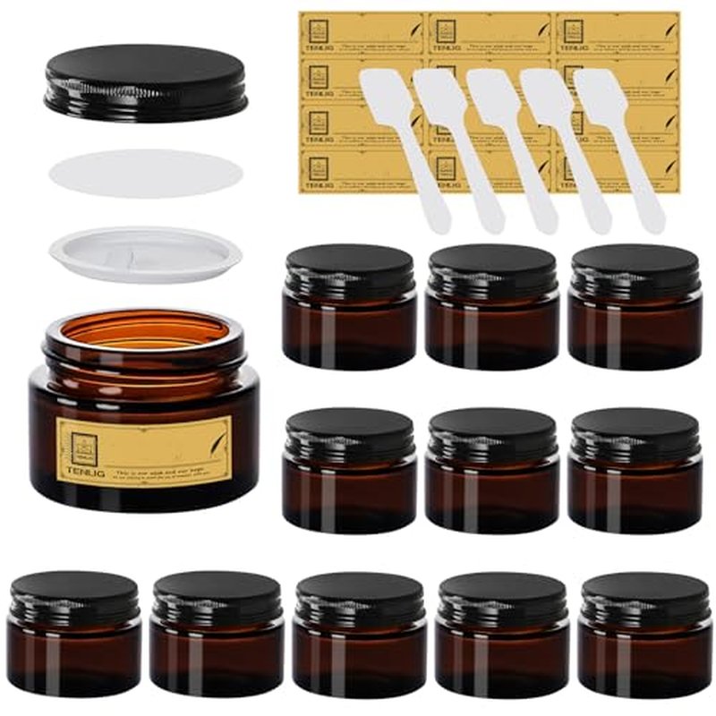 1.75 oz Glass Jars with Lids,Amber,12 Pack Empty Cosmetic Containers with Inner lids and Inner Liners,Black Metal Lid,Refillable Round Airtight Jars,Use to store Lotion,Powders,Candle Making