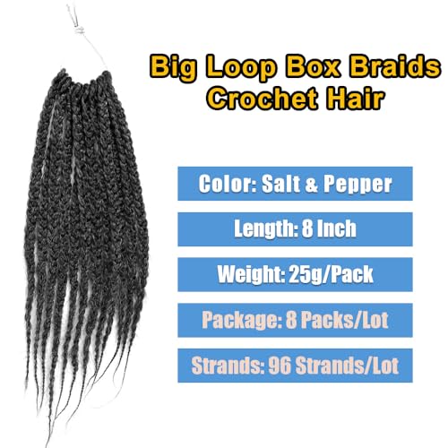 Salt and Pepper Box Braids Crochet Hair 8 Inch 8 Packs for Black Women - Pre Loop Synthetic Hair
