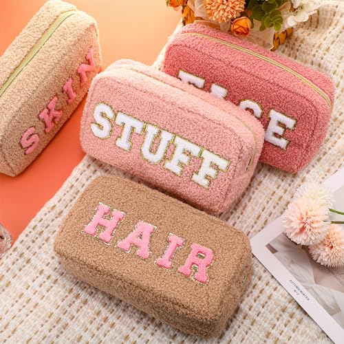 Preppy 4-Piece Makeup Bag Set with Chenille Letter Patches - Lively Color