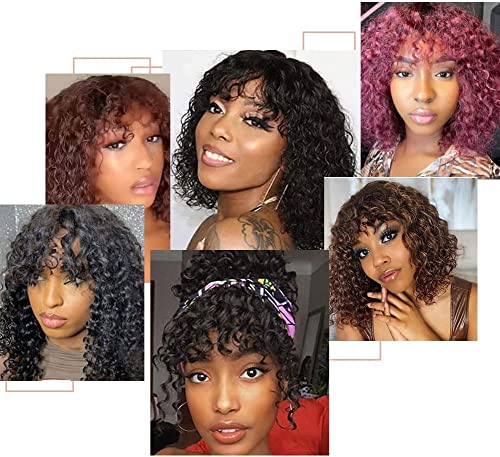 10 Inch Curly Human Hair Wig with Bangs for Black Women Brown & Gold