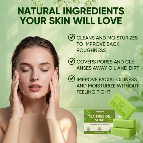 Tea Tree Soap, 3PCS Tea Tree Oil Relief Soap Bar - with Tea Tree Oil & Coconut Oil & Witch Hazel, Deep Pore Cleansing, Natural Handmade Foot & Body Soaps for Men & Women (3)