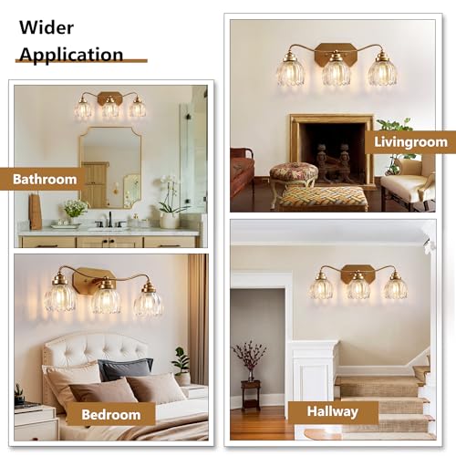 Brushed Gold 3-Light Vintage Vanity Lights with Clear Glass Shades - Antique Brass Finish