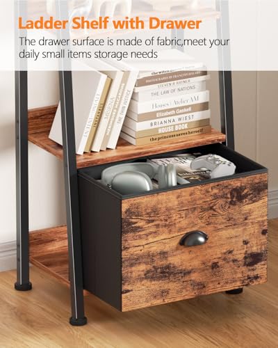 Rustic Brown 6-Tier Ladder Shelf with Fabric Drawer - Tall Storage Organizer
