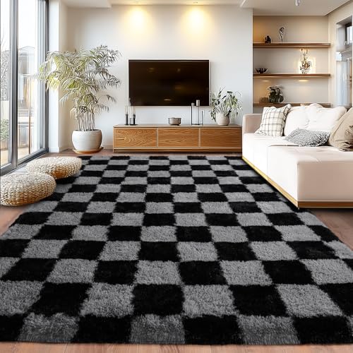 Black & Grey Checkered Shaggy Fuzzy Rug 8x10ft High Pile Living Room Carpet