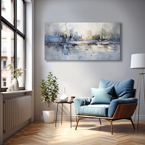 Blue and Gray Abstract Wall Art Canvas - 48x24 Inches Modern Wall Decor