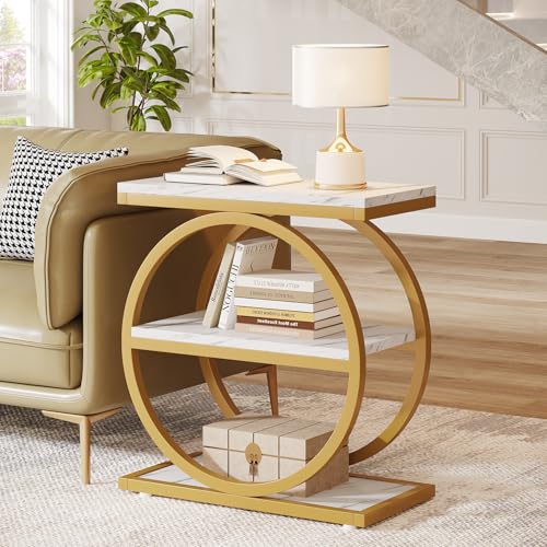 Tribesigns White 3-Tier Industrial End Table with Storage Shelves, Slim Nightstand