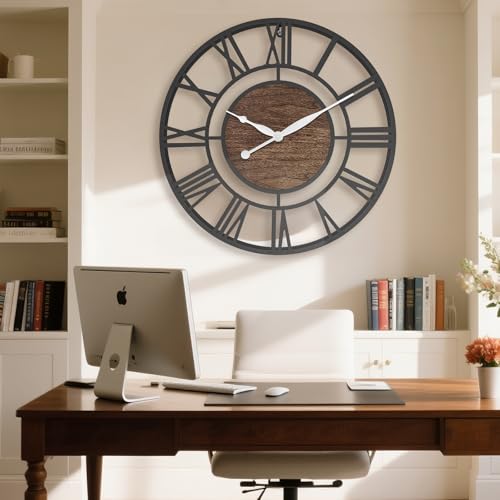 Large Walnut Roman Numeral Wall Clock - 30 Inch Wall Decor with Black Walnut Finish