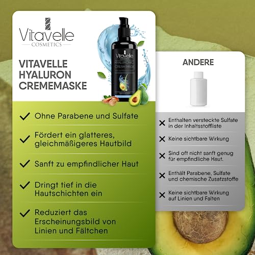 VITAVELLE Hydrating Face Mask ? Hyaluronic Acid Moisturizer Mask Firming with Avocado Oil, Shea Butter, Aloe Vera and Jojoba Oil ? Vegan Face Mask with No Parabens ? Hydrating Face Masks Anti Aging
