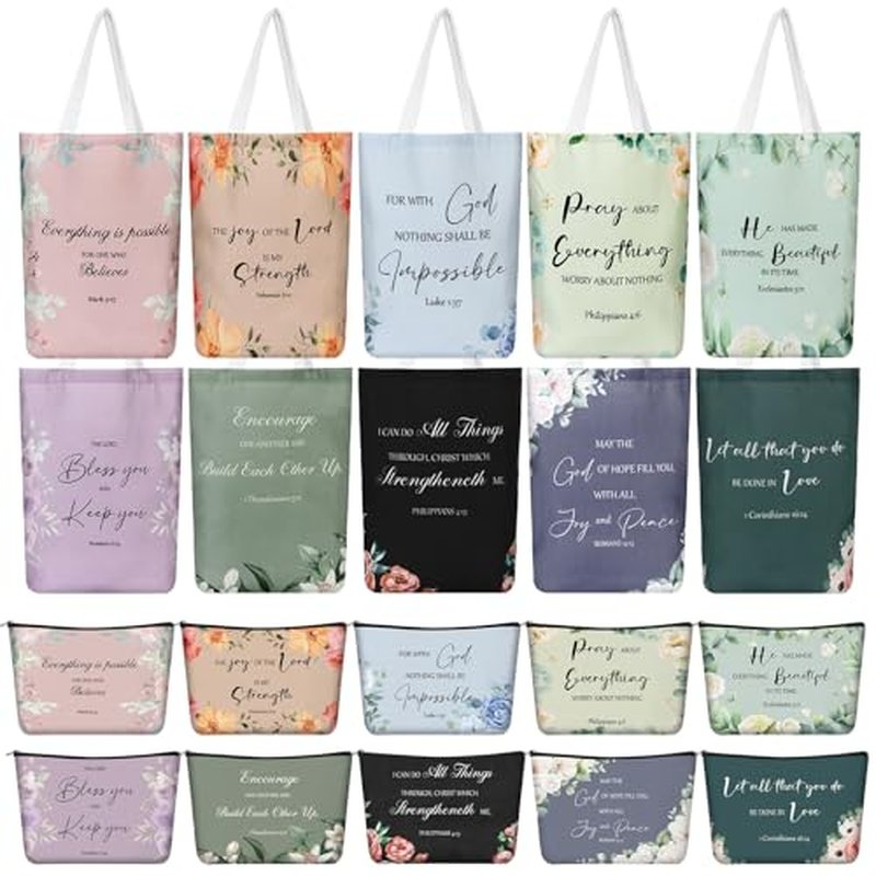 20 Pcs Christian Gift Women Mother's Day Including 10 Bible Verse Tote Bags 10 Christian Makeup Bags Inspirational Religious Scripture Gifts for Church Xmas Valentines(Elegant)
