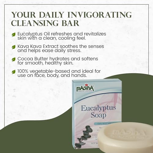 Madina Eucalyptus Soap Bar ? Moisturizing, Invigorating, 100% Vegetable-Based, Cocoa Butter, Kava Kava Extract, Gentle Cleanser for Face & Body, 6 Pack (3.5 oz Each)