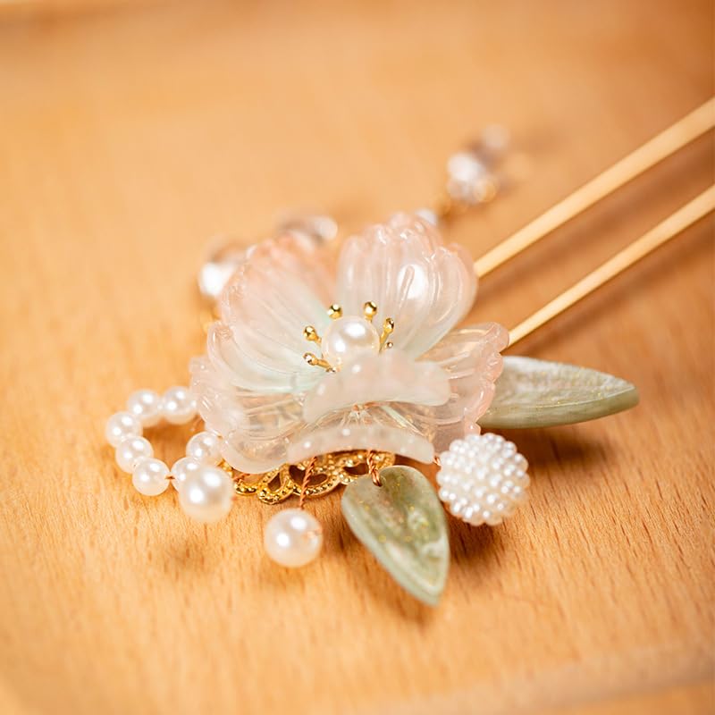 Rainbow Pink Chrysanthemum Pearl Tassel Hair Clip - Hanfu Accessories for Women & Girls - Rainbow Flower Variation