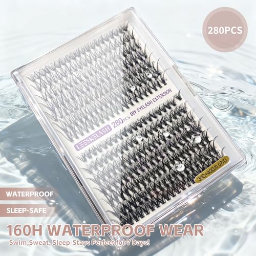 Lash Clusters Kit Individual Eyelash Extension Lashes Wispy Waterproof DIY Cat Eye, with Lash Bond Seal Tweezers 30D&40D 280PCS 9-16mm